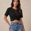 Twist Front Cropped T-Shirt — Black, Short Sleeve Cotton Blend