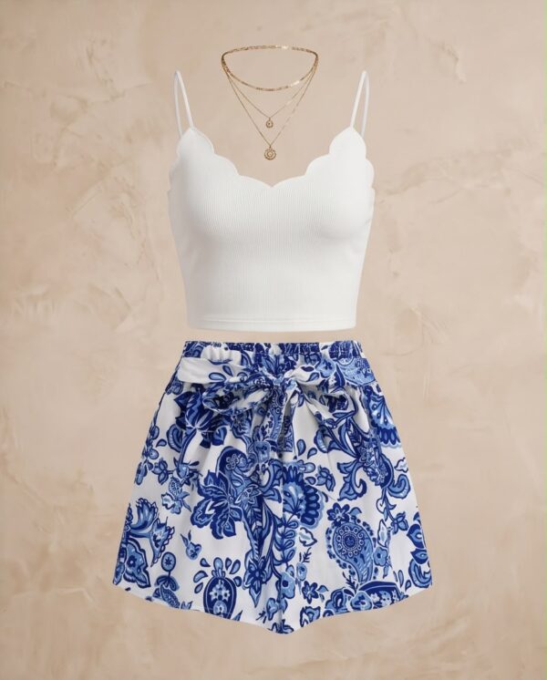 Scalloped Cami Top & Blue Floral Shorts Set — 2-Piece Summer Outfit