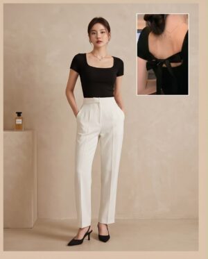 Square Neck Tie-Back Top — Black, Short Sleeve Fitted with Open Back