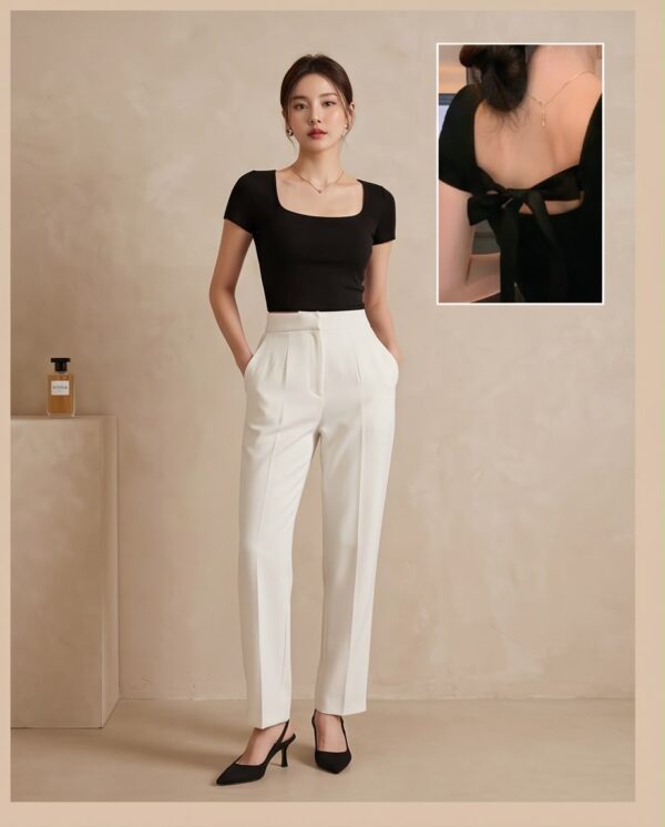 Square Neck Tie-Back Top — Black, Short Sleeve Fitted with Open Back