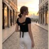 Square Neck Tie-Back Top — Black, Short Sleeve Fitted with Open Back