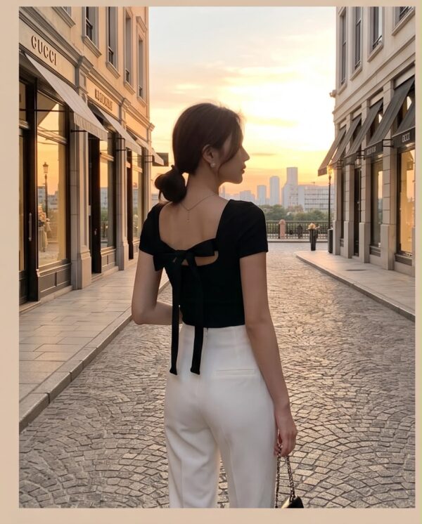 Square Neck Tie-Back Top — Black, Short Sleeve Fitted with Open Back