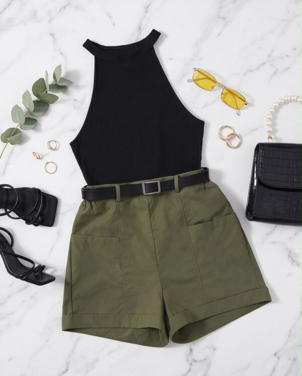 065c91e5-360e-4274-9231-7ad61b2121d6 Halter Neck Top & Olive Shorts Set — 2-Piece Summer Outfit