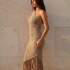 Crochet Halter Neck Fringe Dress — Beige Bohemian Midi, Beach Cover-Up