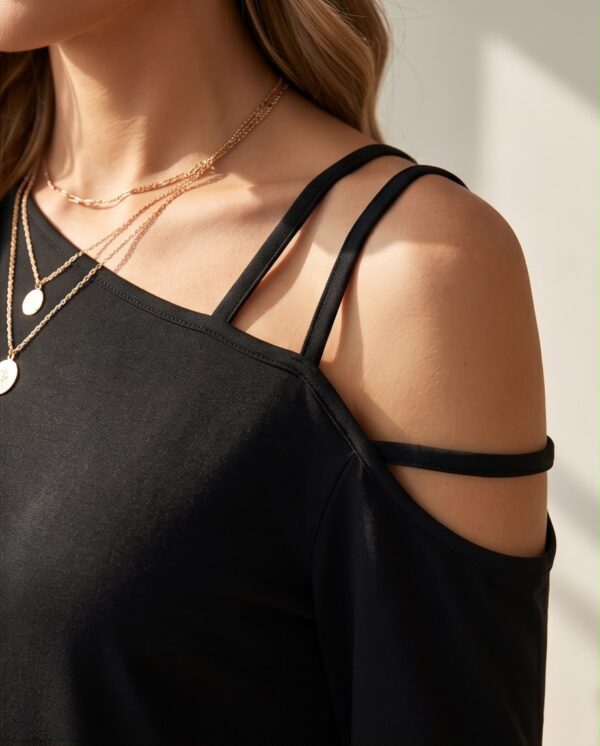 Cold Shoulder Cotton Mini Dress — Black, Asymmetric Strap Detail