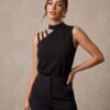 Cut-Out Mock Neck Sleeveless Top — Black, Fitted Strappy Shoulder