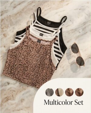 Ribbed Halter Crop Top Set (4 Pieces) — Leopard, White, Stripe & Black