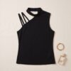 Cut-Out Mock Neck Sleeveless Top — Black, Fitted Strappy Shoulder