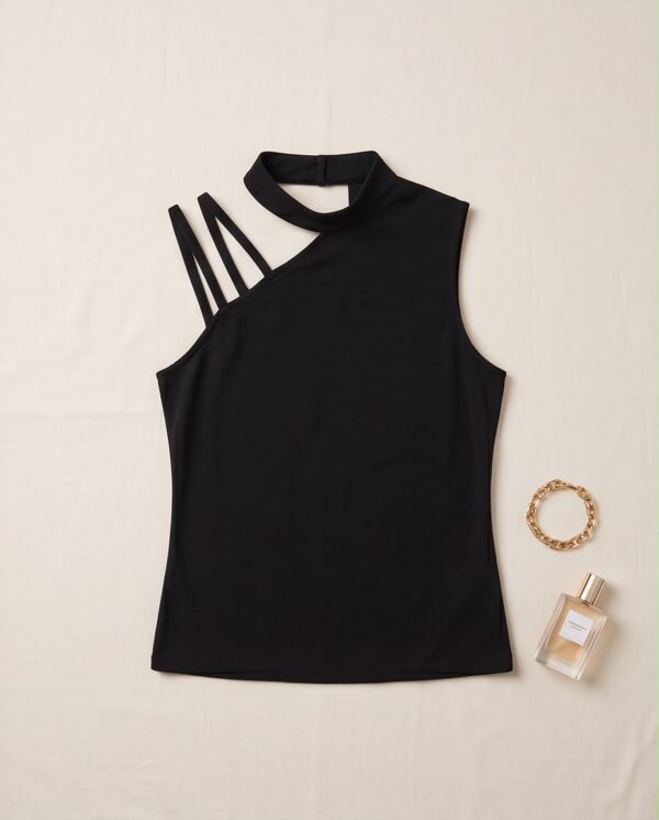 Cut-Out Mock Neck Sleeveless Top — Black, Fitted Strappy Shoulder