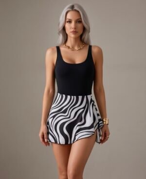 Black Zebra Print Swim Dress – Scoop Neck One-Piece with Flared Skirt