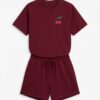 Cherry Print Cotton Pyjama Set — Burgundy Tee & Drawstring Shorts