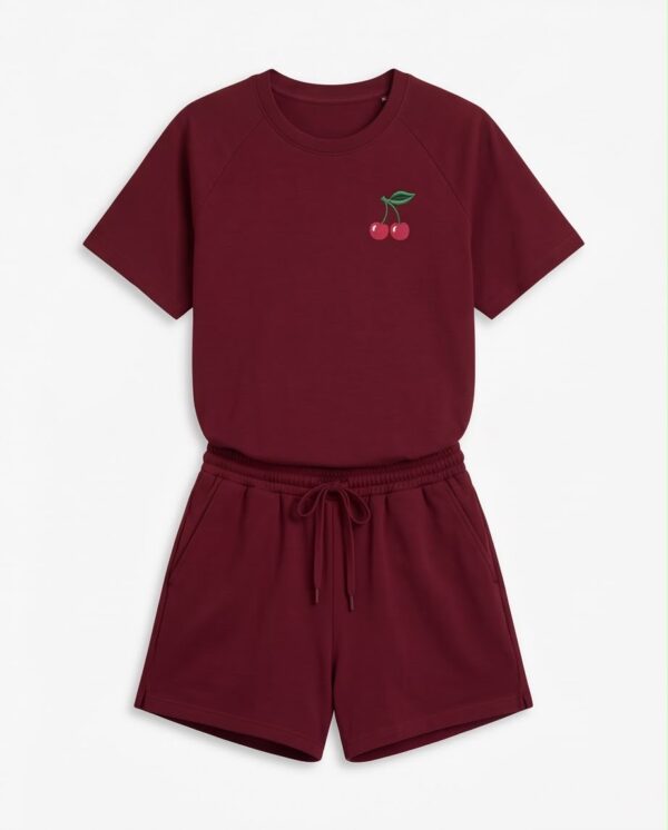 Cherry Print Cotton Pyjama Set — Burgundy Tee & Drawstring Shorts