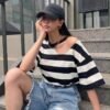 Striped Cut-Out Shoulder Oversized T-Shirt — Black & White, Cotton Blend