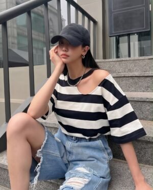 Striped Cut-Out Shoulder Oversized T-Shirt — Black & White, Cotton Blend