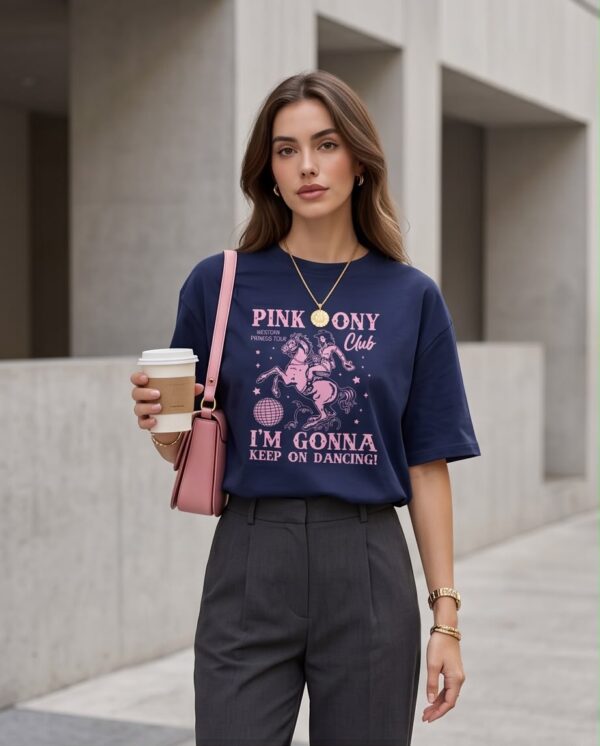 Western Graphic Oversized T-Shirt — Navy Cotton with Pink Print
