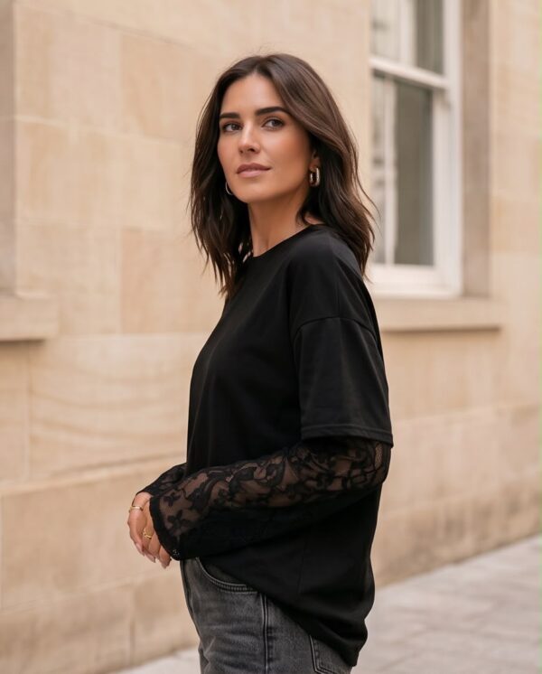 2dc10e41-5e81-4997-8c07-80cbf67fe756 Lace Sleeve Oversized Top — Black, Long Sleeve with Sheer Panels