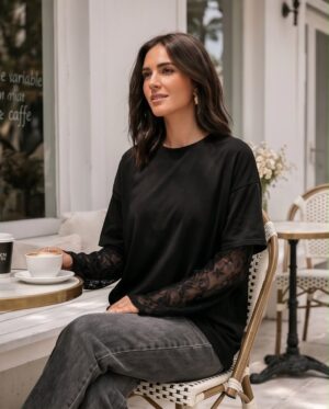 Lace Sleeve Oversized Top — Black, Long Sleeve with Sheer Panels