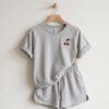 Cherry Embroidered Cotton Pyjama Set — Grey Marl Tee & Drawstring Shorts