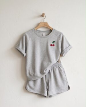 Cherry Embroidered Cotton Pyjama Set — Grey Marl Tee & Drawstring Shorts