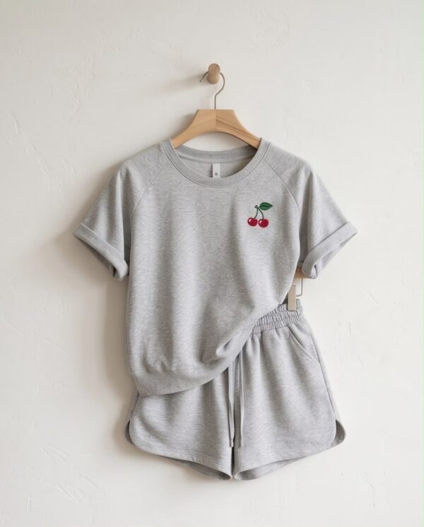 Cherry Embroidered Cotton Pyjama Set — Grey Marl Tee & Drawstring Shorts