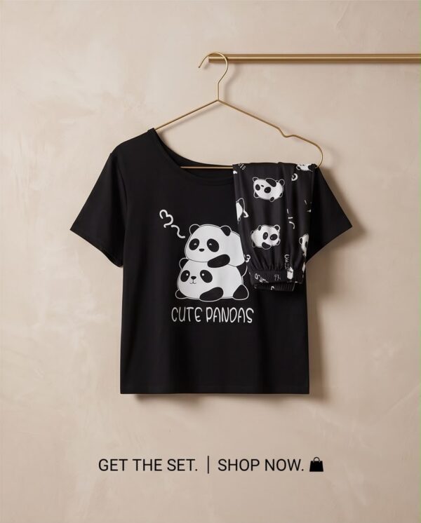 “Cute Pandas” Pyjama Set — Black Panda Print Tee & Shorts
