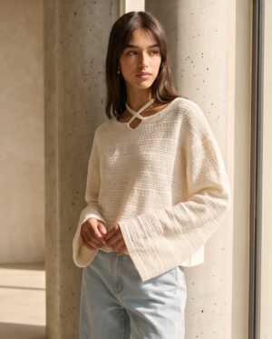 Oversized Open-Knit Jumper — Cream, Strap Detail Neckline