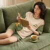 “Fun Time” Cotton Pyjama Set — Cream & Green Colour-Block Tee and Shorts