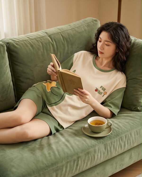 “Fun Time” Cotton Pyjama Set — Cream & Green Colour-Block Tee and Shorts