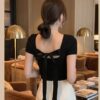 Square Neck Tie-Back Top — Black, Short Sleeve Fitted with Open Back
