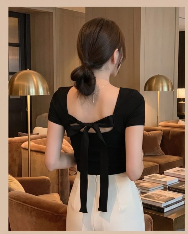 Square Neck Tie-Back Top — Black, Short Sleeve Fitted with Open Back