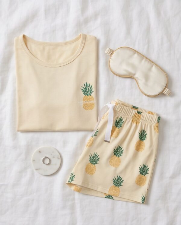 Pineapple Print Cotton Pyjama Set — Cream Tee & Drawstring Shorts