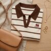 Striped Knit Polo Top — Cream & Brown with Cherry Embroidery