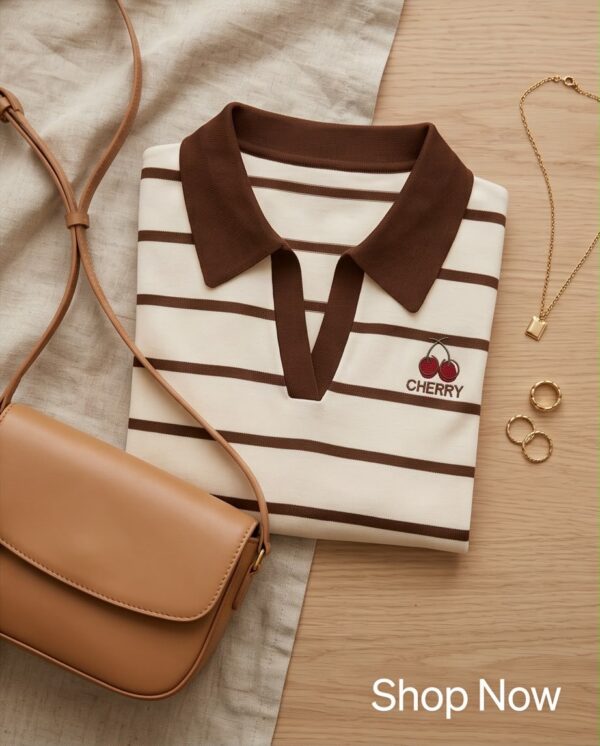 Striped Knit Polo Top — Cream & Brown with Cherry Embroidery