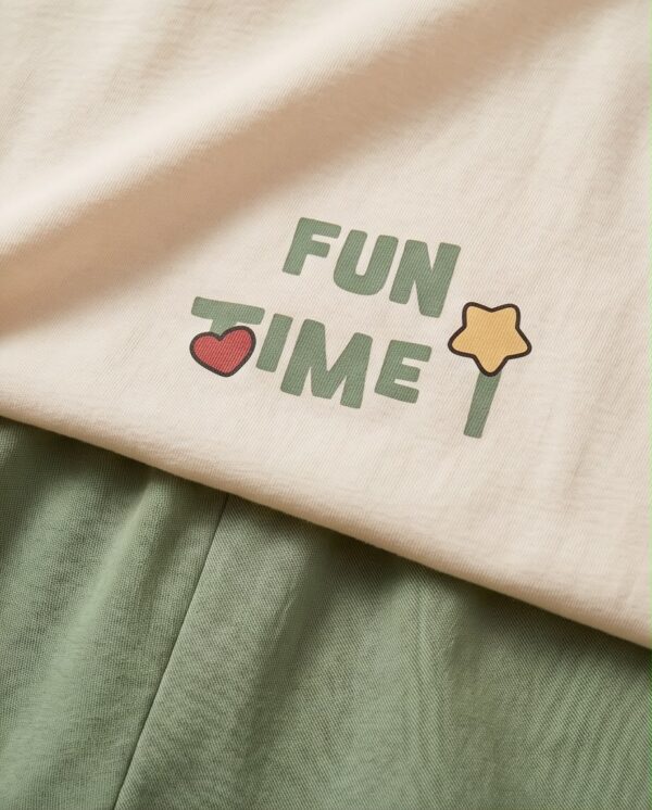 “Fun Time” Cotton Pyjama Set — Cream & Green Colour-Block Tee and Shorts