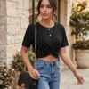 Twist Front Cropped T-Shirt — Black, Short Sleeve Cotton Blend