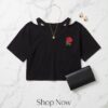 Rose Embroidered Cut-Out Crop Top — Black, V-Neck Short Sleeve