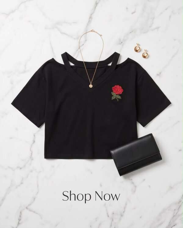 Rose Embroidered Cut-Out Crop Top — Black, V-Neck Short Sleeve