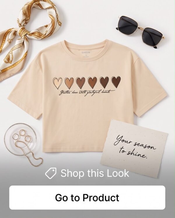 Heart Print Cropped T-Shirt — Beige Cotton, Short Sleeve