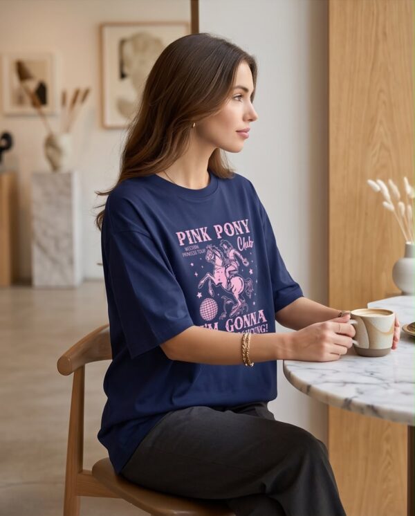 Western Graphic Oversized T-Shirt — Navy Cotton with Pink Print