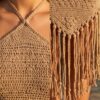 Crochet Halter Neck Fringe Dress — Beige Bohemian Midi, Beach Cover-Up