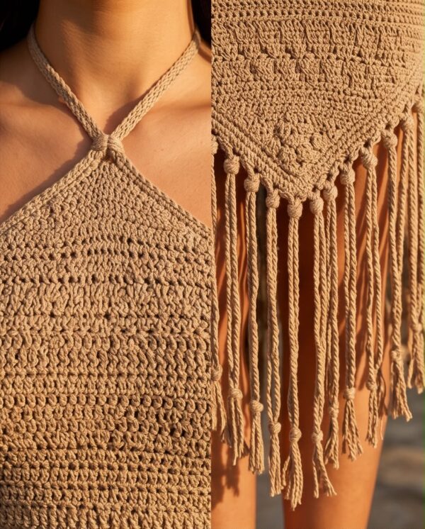 Crochet Halter Neck Fringe Dress — Beige Bohemian Midi, Beach Cover-Up