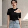 55ad3461-b8e4-4fab-94f0-75b402569138 Asymmetric Cut-Out Shoulder Top — Black, Short Sleeve Fitted