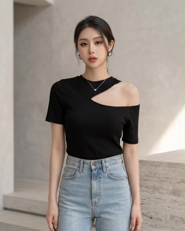 55ad3461-b8e4-4fab-94f0-75b402569138 Asymmetric Cut-Out Shoulder Top — Black, Short Sleeve Fitted