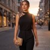 Cut-Out Mock Neck Sleeveless Top — Black, Fitted Strappy Shoulder