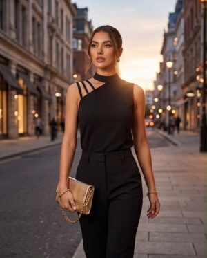 5701f52f-ff29-44ac-a0ea-2f8dc23d9d3f Cut-Out Mock Neck Sleeveless Top — Black, Fitted Strappy Shoulder