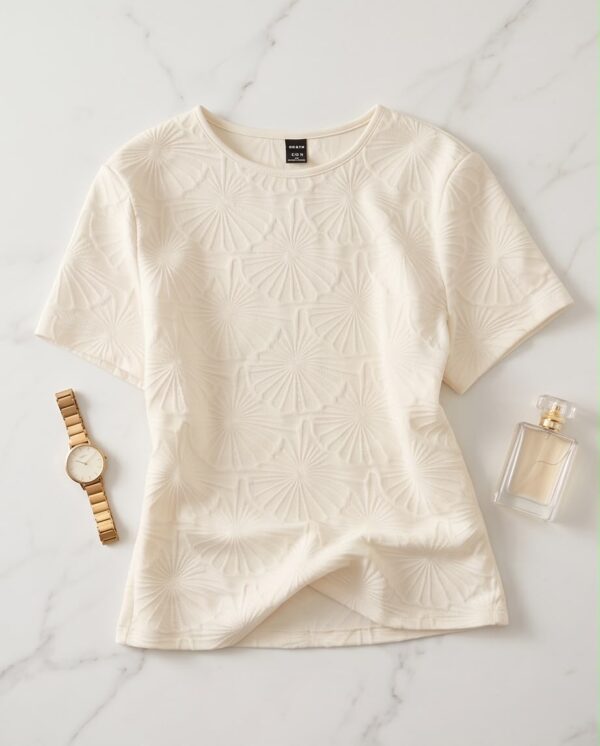 5ddfc18f-7df2-4207-98ec-1f5e92982b61 Textured Jacquard T-Shirt — Cream, Embossed Floral Fan Pattern
