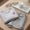 Cherry Embroidered Cotton Pyjama Set — Grey Marl Tee & Drawstring Shorts