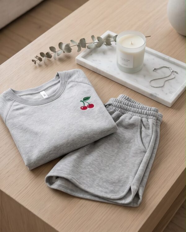 Cherry Embroidered Cotton Pyjama Set — Grey Marl Tee & Drawstring Shorts