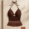 Crochet Fringe Halter Crop Top — Chocolate Brown Bohemian Beach Top