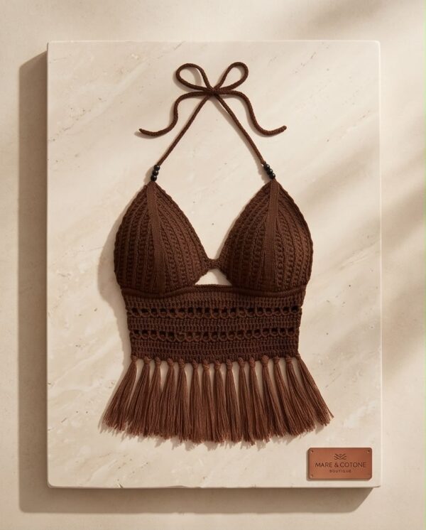 Crochet Fringe Halter Crop Top — Chocolate Brown Bohemian Beach Top